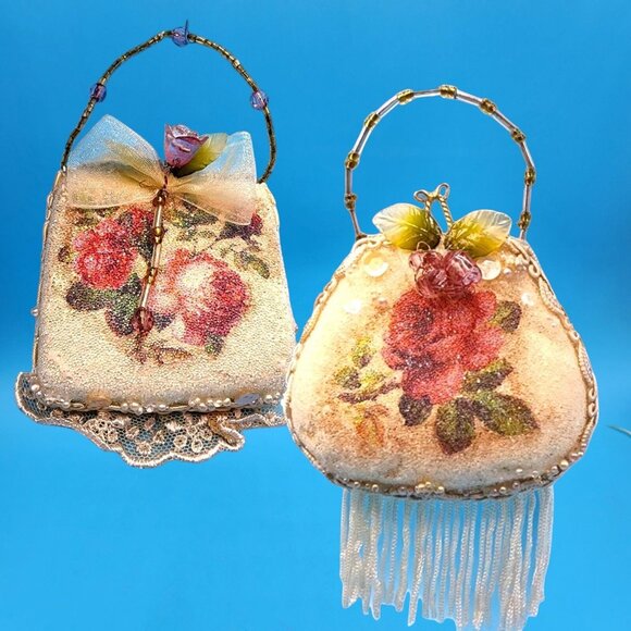 Victorian "Sugared" Purse Ornaments Lace Roses Beaded Handle Tulle Ribbon Tassel - Picture 3 of 12